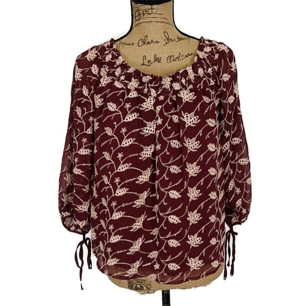 ASTR The Label Embroidered Sheer Blouse Burgundy Boho Peasant Elegant Top sz M